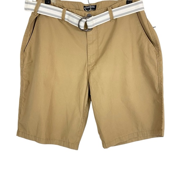 Express Mens Classic Fit At The Knee Shorts Size 36 Tan Belted Chino - Picture 1 of 11